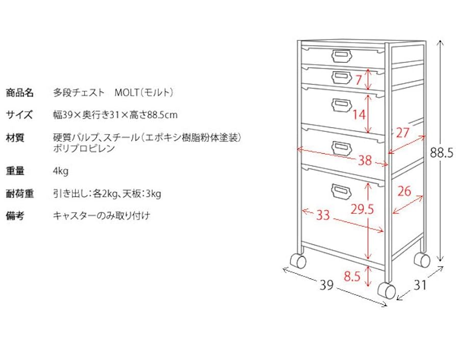 宮武製作所 多段チェスト MOLT 幅39x奥27.5x高99.5cm 宮武製作所 チェスト ファイルケース付き A4 5段 （ 幅39×奥行
